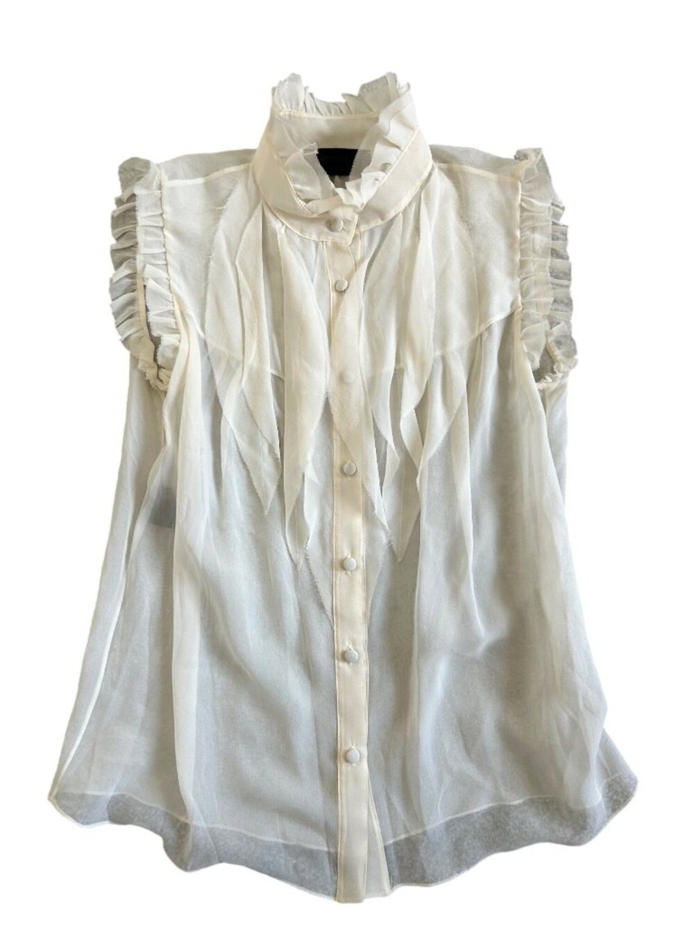 Derek Lam Women's Sz 8 Ivory Silk Sleeveless Ruffle Blouse With High Neck